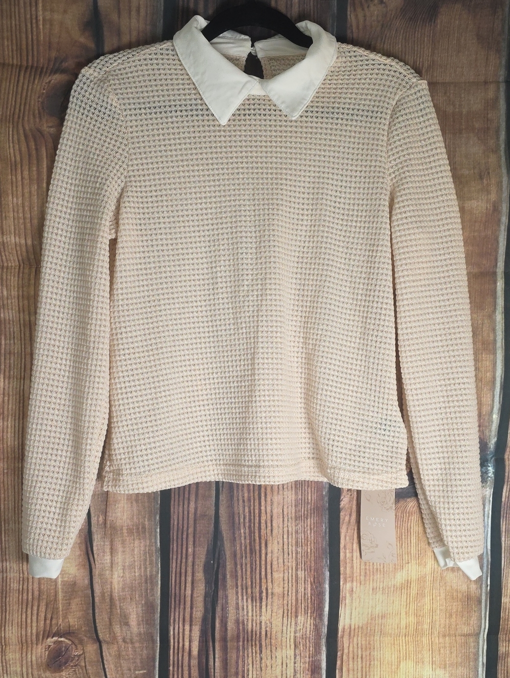 Emery Rose NWT SMALL Cream Waffle-Knit Top with White Collar